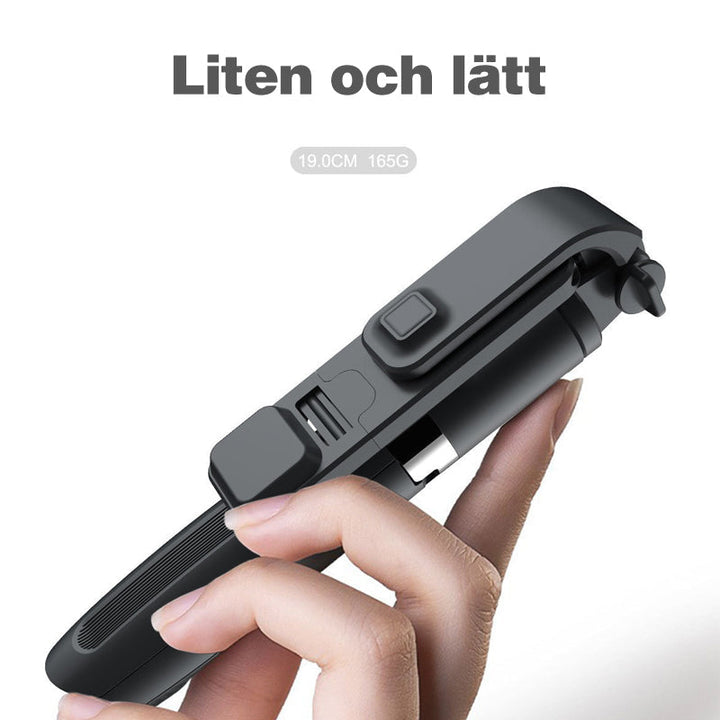 "Trådlös selfiepinne med LED-belysning och bluetooth i svart, förlängningsbar design i aluminium för iPhone och Android."