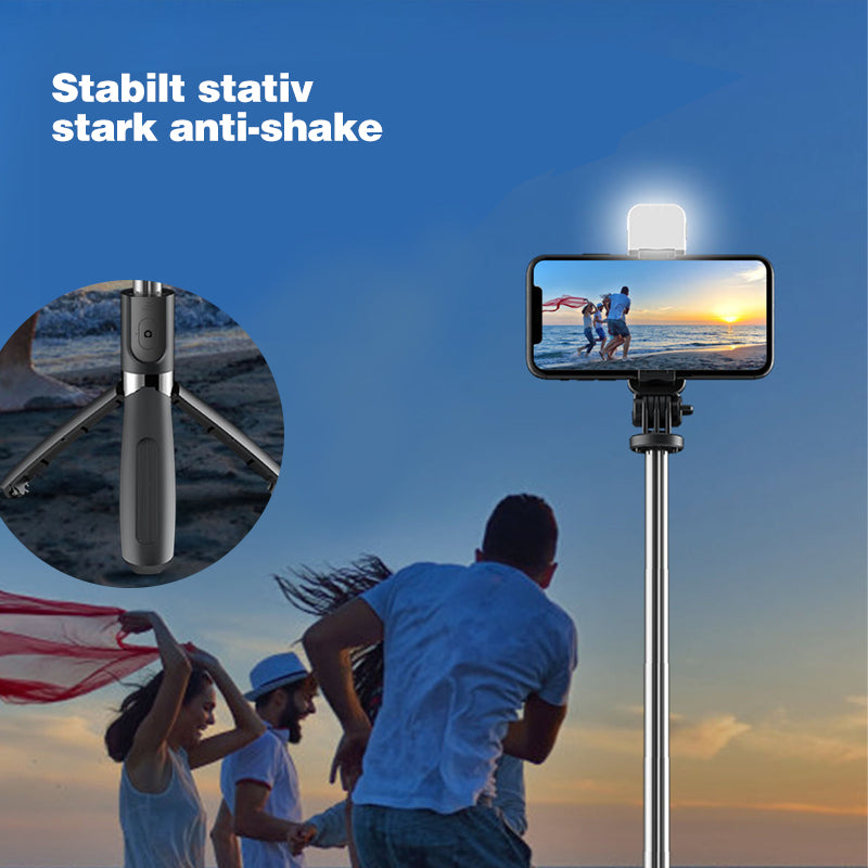 "Trådlös selfiepinne med LED-belysning och bluetooth i svart, förlängningsbar design i aluminium för iPhone och Android."