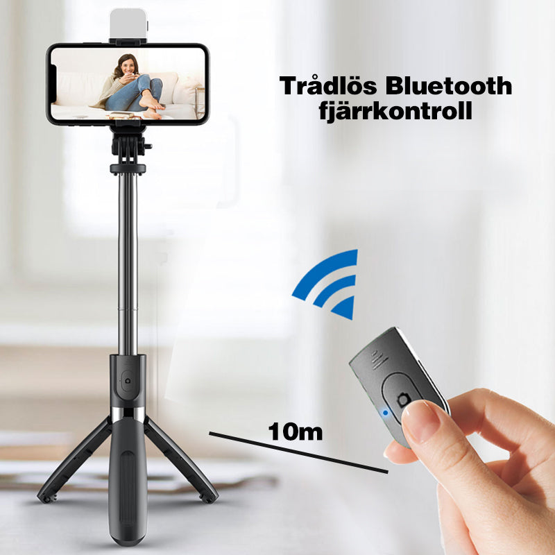 "Trådlös selfiepinne med LED-belysning och bluetooth i svart, förlängningsbar design i aluminium för iPhone och Android."