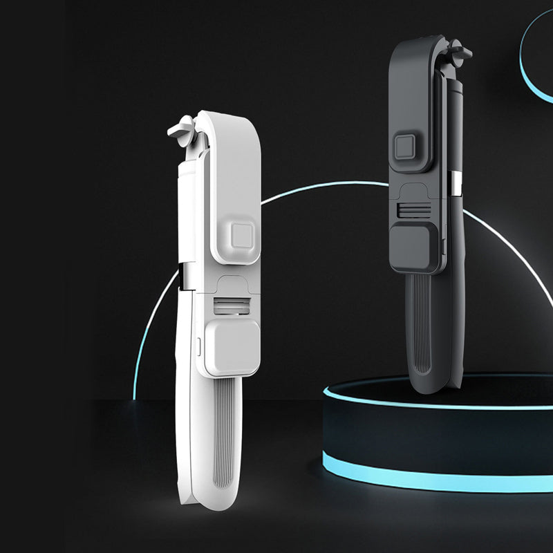 "Trådlös selfiepinne med LED-belysning och bluetooth i svart, förlängningsbar design i aluminium för iPhone och Android."