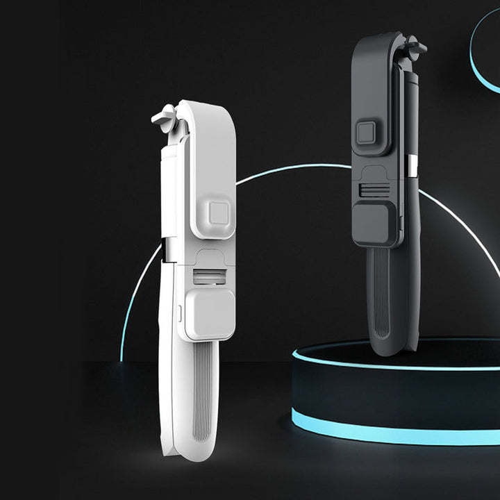 "Trådlös selfiepinne med LED-belysning och bluetooth i svart, förlängningsbar design i aluminium för iPhone och Android."