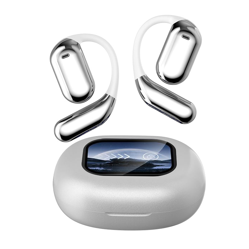 "Trådlösa Bluetooth-öronsnäckor med pekskärmskontroll och öppen passform, silver och svart, för bekväm användning."