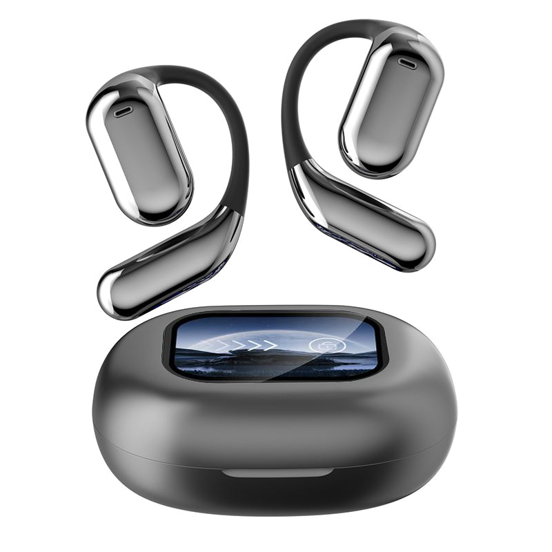 "Trådlösa Bluetooth-öronsnäckor med pekskärmskontroll och öppen passform, silver och svart, för bekväm användning."
