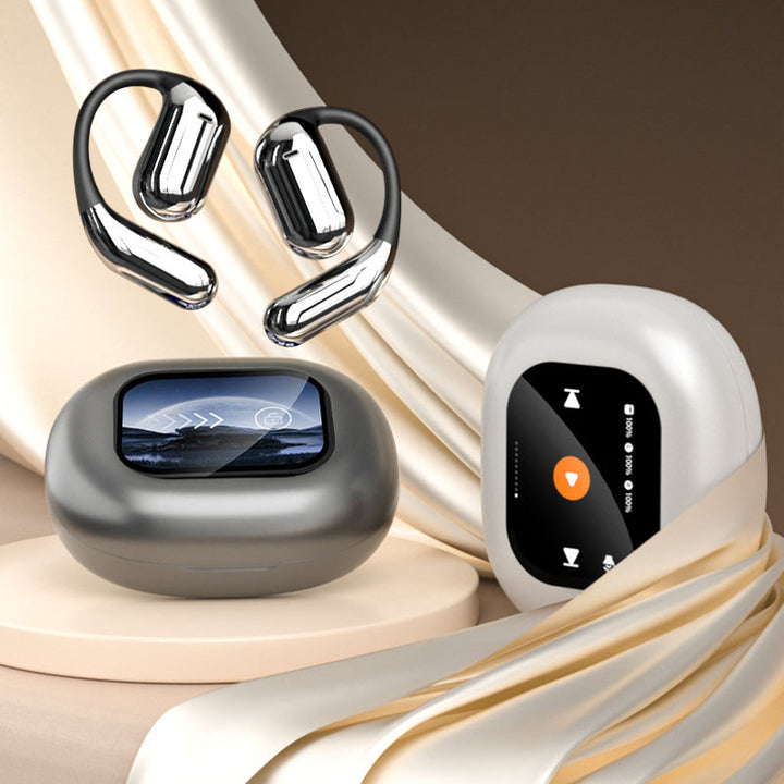 "Trådlösa Bluetooth-öronsnäckor med pekskärmskontroll och öppen passform, silver och svart, för bekväm användning."