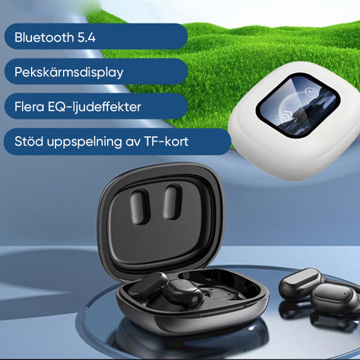 "Trådlösa Bluetooth-öronsnäckor med pekskärmskontroll och öppen passform, silver och svart, för bekväm användning."