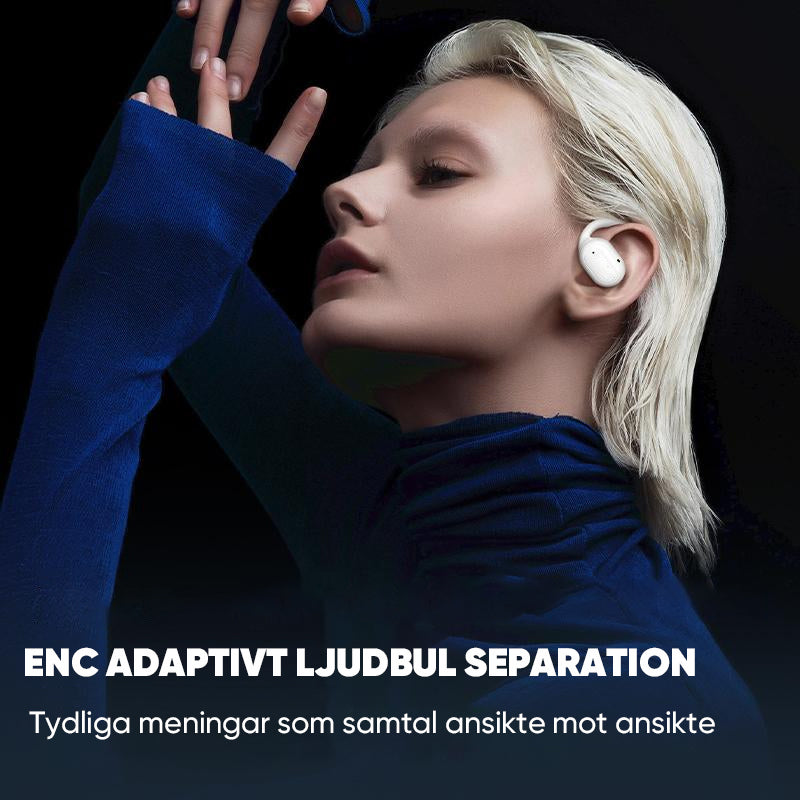 "Trådlösa Bluetooth-öronsnäckor med pekskärmskontroll och öppen passform, silver och svart, för bekväm användning."