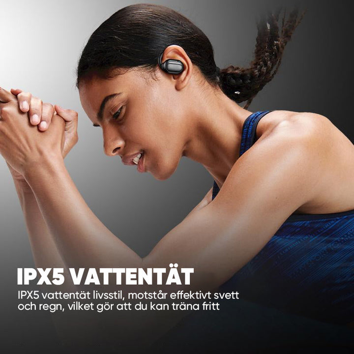 "Trådlösa Bluetooth-öronsnäckor med pekskärmskontroll och öppen passform, silver och svart, för bekväm användning."