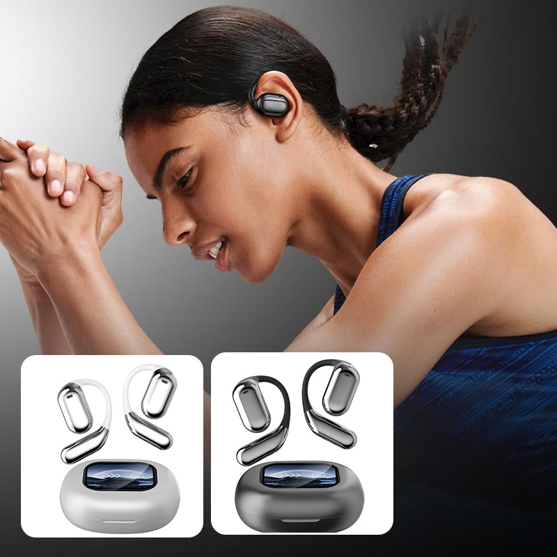 "Trådlösa Bluetooth-öronsnäckor med pekskärmskontroll och öppen passform, silver och svart, för bekväm användning."