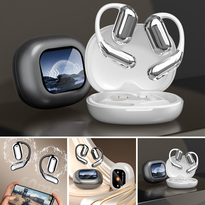 "Trådlösa Bluetooth-öronsnäckor med pekskärmskontroll och öppen passform, silver och svart, för bekväm användning."