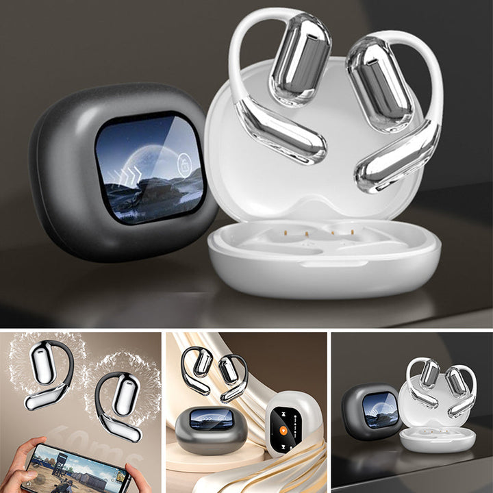 "Trådlösa Bluetooth-öronsnäckor med pekskärmskontroll och öppen passform, silver och svart, för bekväm användning."