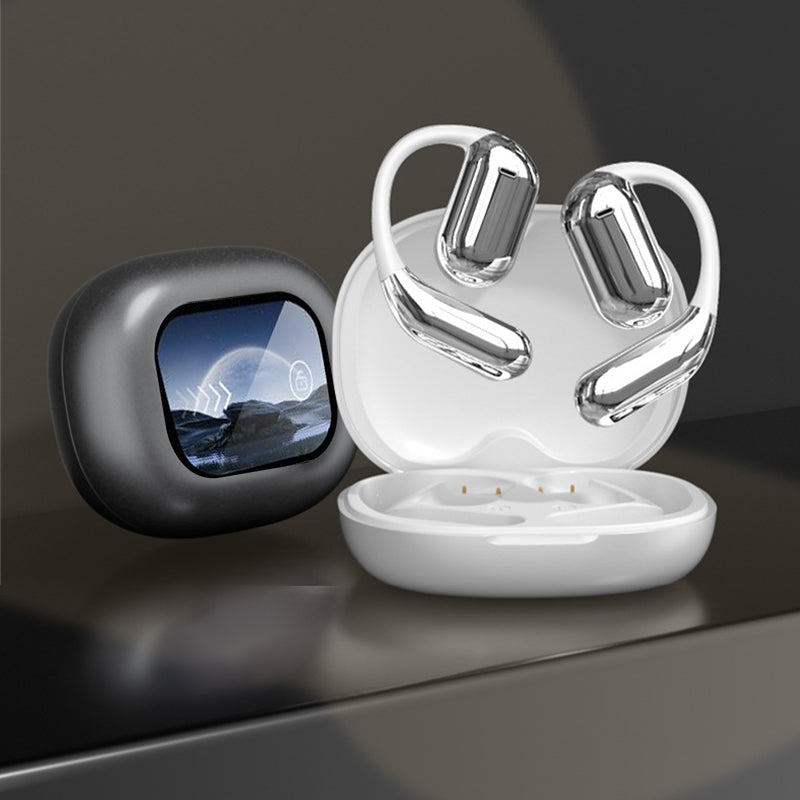 "Trådlösa Bluetooth-öronsnäckor med pekskärmskontroll och öppen passform, silver och svart, för bekväm användning."