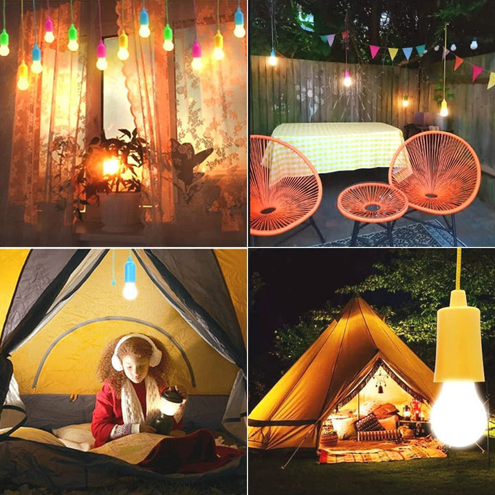 "Trådlösa retro LED-lampor i färger, blå, grön, gul, för hem och camping, hängs med snöre, enkel belysning."