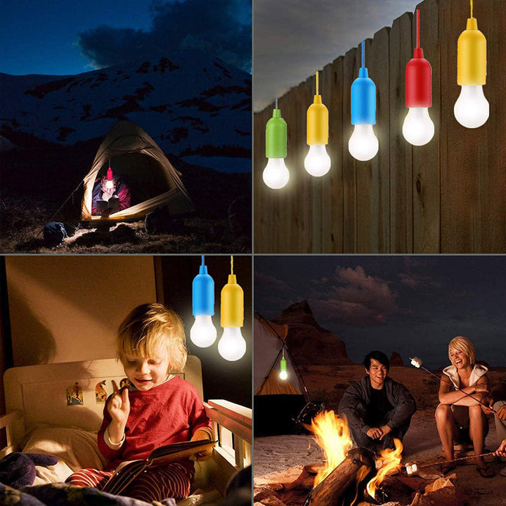 "Trådlösa retro LED-lampor i färger, blå, grön, gul, för hem och camping, hängs med snöre, enkel belysning."