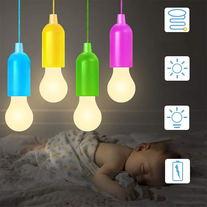 "Trådlösa retro LED-lampor i färger, blå, grön, gul, för hem och camping, hängs med snöre, enkel belysning."