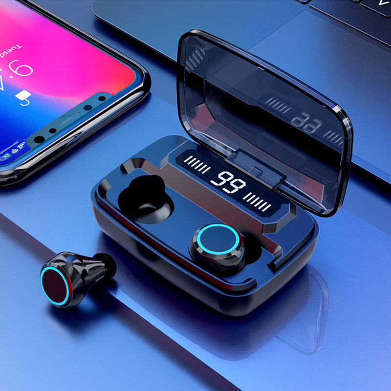 Trådlösa vattentäta öronproppar, svart design, intuitiv touchkontroll och IPX-7 skydd för träning och musikupplevelse.