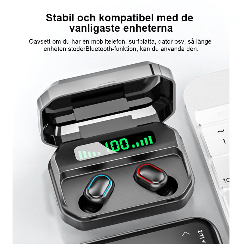 "Trådlöst Bluetooth-headset med fyrkantigt hål, vattentät design, ergonomisk passform och 3D-stereo, flera färgval."