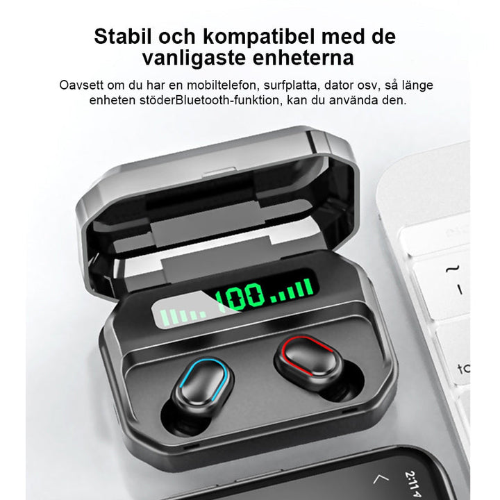 "Trådlöst Bluetooth-headset med fyrkantigt hål, vattentät design, ergonomisk passform och 3D-stereo, flera färgval."