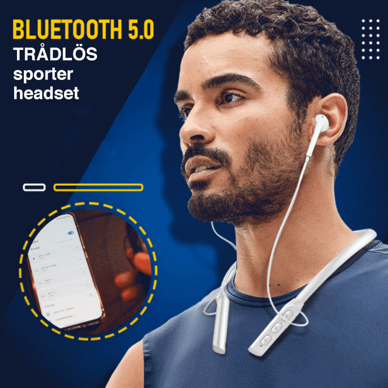 "Trådlöst sportheadset med Bluetooth 5.0, aktiv brusreducering, IPX7 vattentät, svart design, ventilerad för träning."
