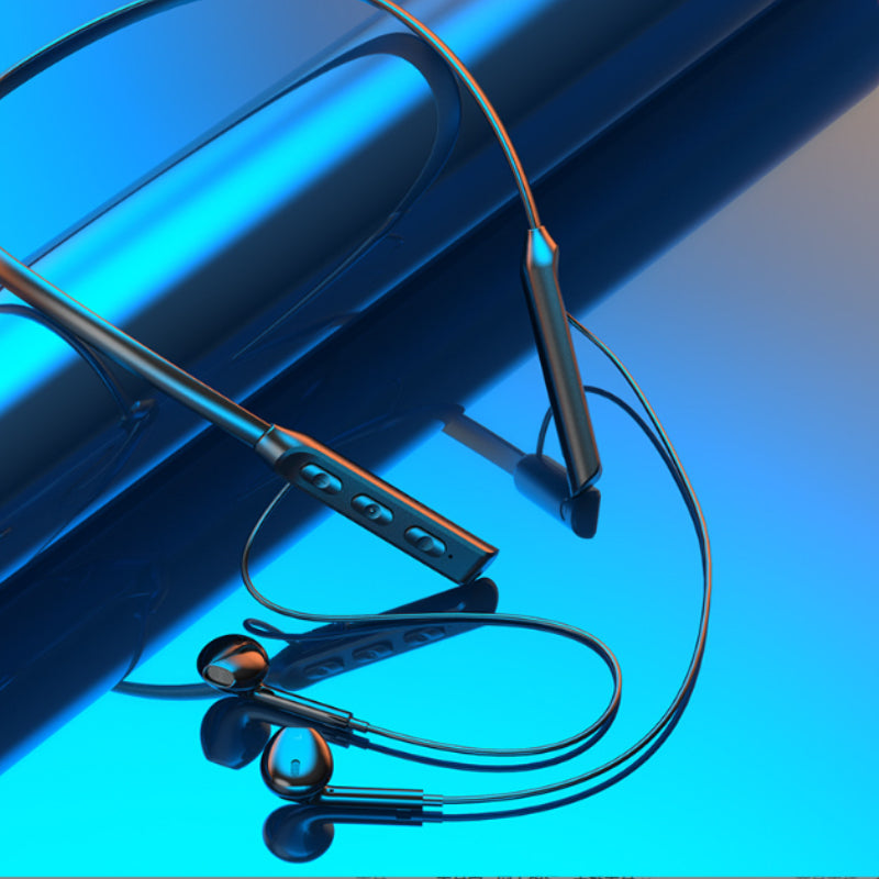 "Trådlöst sportheadset med Bluetooth 5.0, aktiv brusreducering, IPX7 vattentät, svart design, ventilerad för träning."