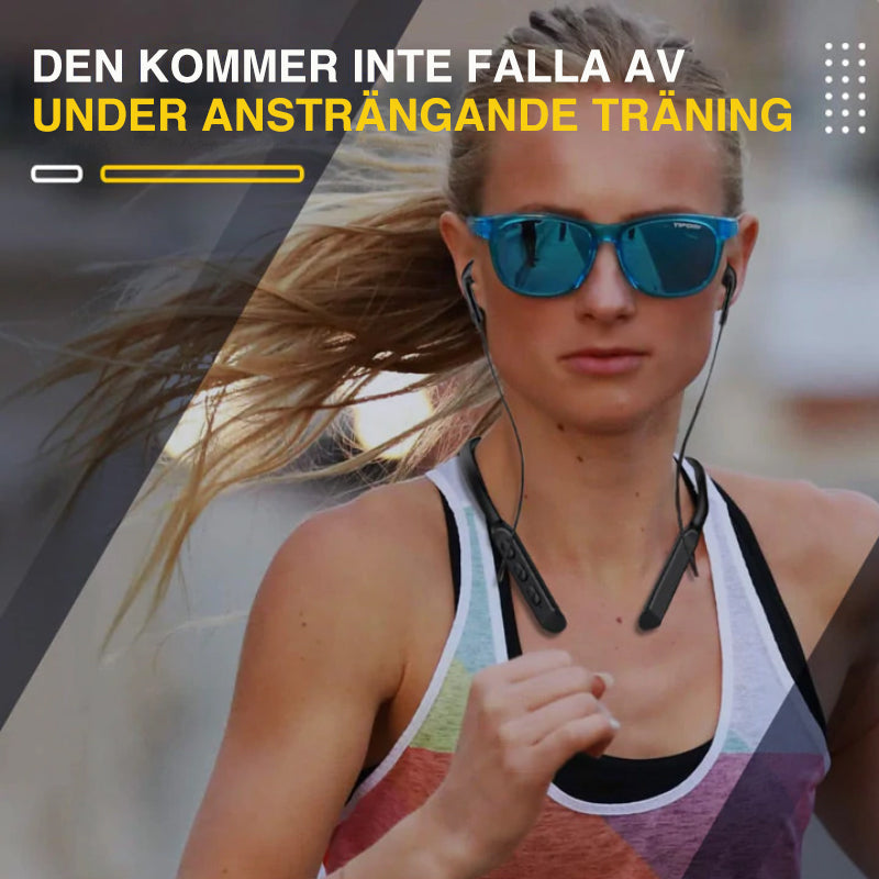 "Trådlöst sportheadset med Bluetooth 5.0, aktiv brusreducering, IPX7 vattentät, svart design, ventilerad för träning."