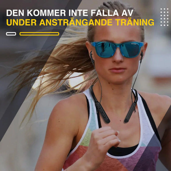 "Trådlöst sportheadset med Bluetooth 5.0, aktiv brusreducering, IPX7 vattentät, svart design, ventilerad för träning."