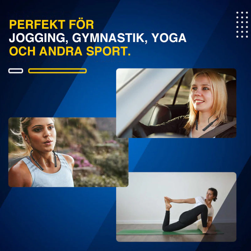 "Trådlöst sportheadset med Bluetooth 5.0, aktiv brusreducering, IPX7 vattentät, svart design, ventilerad för träning."