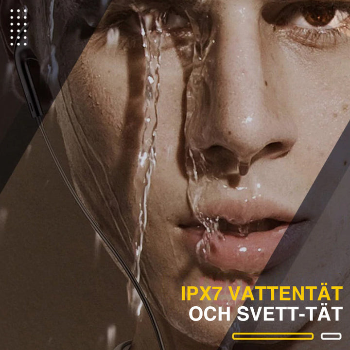 "Trådlöst sportheadset med Bluetooth 5.0, aktiv brusreducering, IPX7 vattentät, svart design, ventilerad för träning."