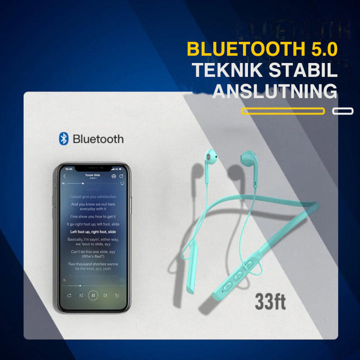 "Trådlöst sportheadset med Bluetooth 5.0, aktiv brusreducering, IPX7 vattentät, svart design, ventilerad för träning."