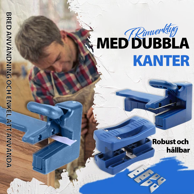 Träkantverktyg för trimning, blå plast, ergonomiskt handtag, högkolstålblad, perfekt för träfinish och kanttrimmning.