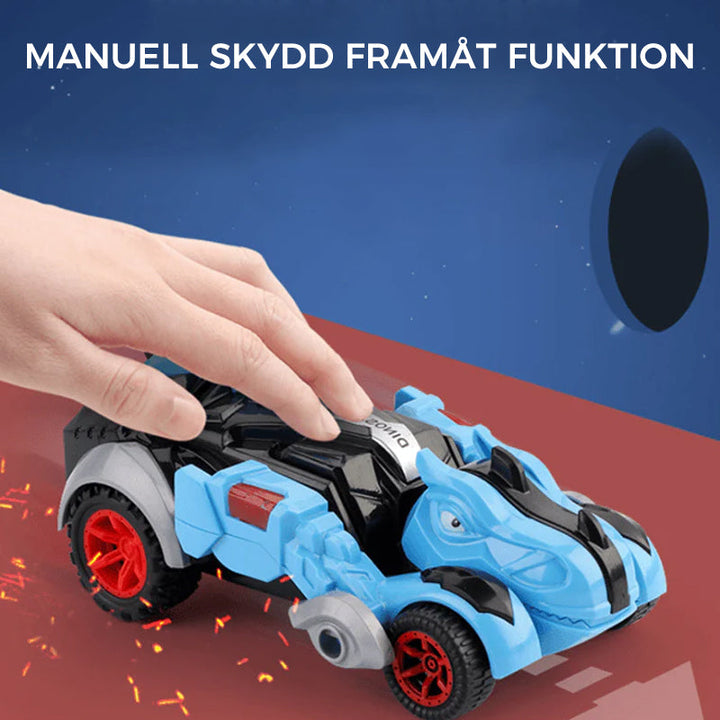 Transformabel leksaksbil i dinosaurieform, färgglad design. Perfekt för barn, inspirerar kreativitet och lek.