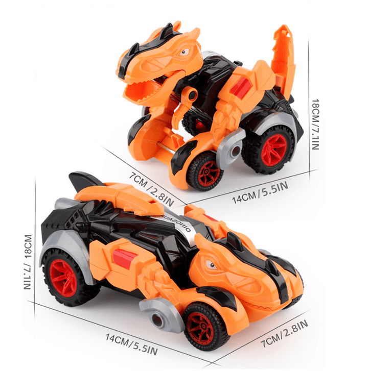 Transformabel leksaksbil i dinosaurieform, färgglad design. Perfekt för barn, inspirerar kreativitet och lek.