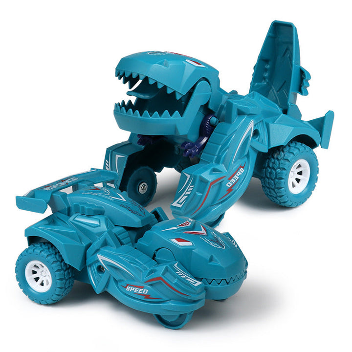 Transformerande dinosaurieleksaksbil i plast, blå och cyan, för barn. Kan automatiskt växla mellan bil och dinosaurie.