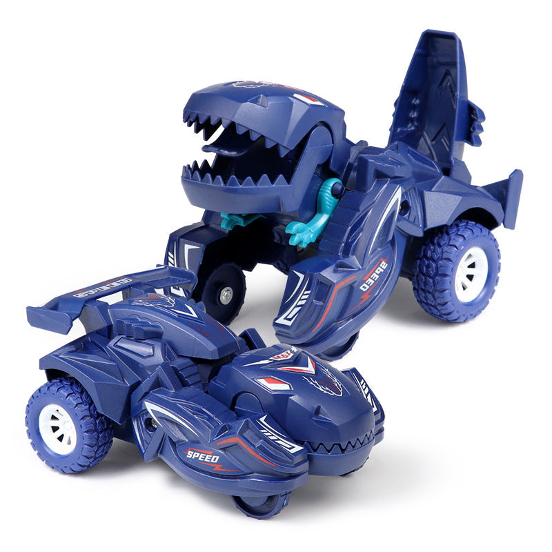 Transformerande dinosaurieleksaksbil i plast, blå och cyan, för barn. Kan automatiskt växla mellan bil och dinosaurie.
