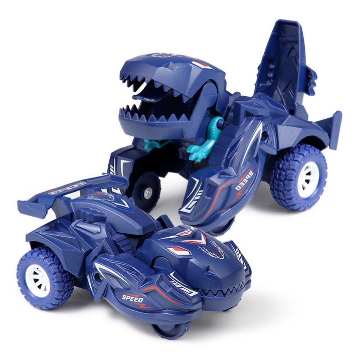 Transformerande dinosaurieleksaksbil i plast, blå och cyan, för barn. Kan automatiskt växla mellan bil och dinosaurie.
