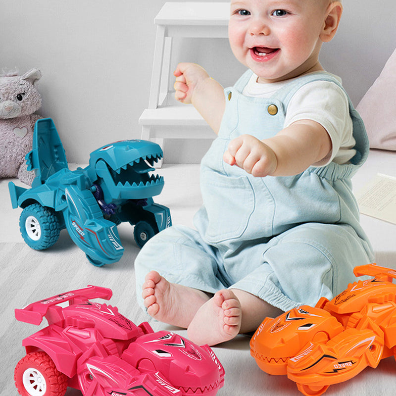 Transformerande dinosaurieleksaksbil i plast, blå och cyan, för barn. Kan automatiskt växla mellan bil och dinosaurie.
