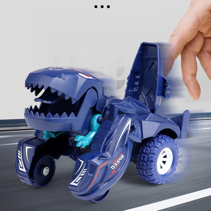 Transformerande dinosaurieleksaksbil i plast, blå och cyan, för barn. Kan automatiskt växla mellan bil och dinosaurie.