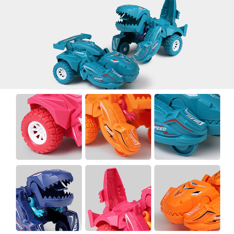 Transformerande dinosaurieleksaksbil i plast, blå och cyan, för barn. Kan automatiskt växla mellan bil och dinosaurie.