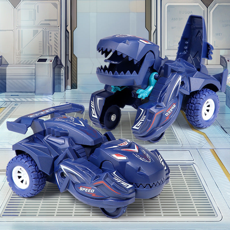 Transformerande dinosaurieleksaksbil i plast, blå och cyan, för barn. Kan automatiskt växla mellan bil och dinosaurie.
