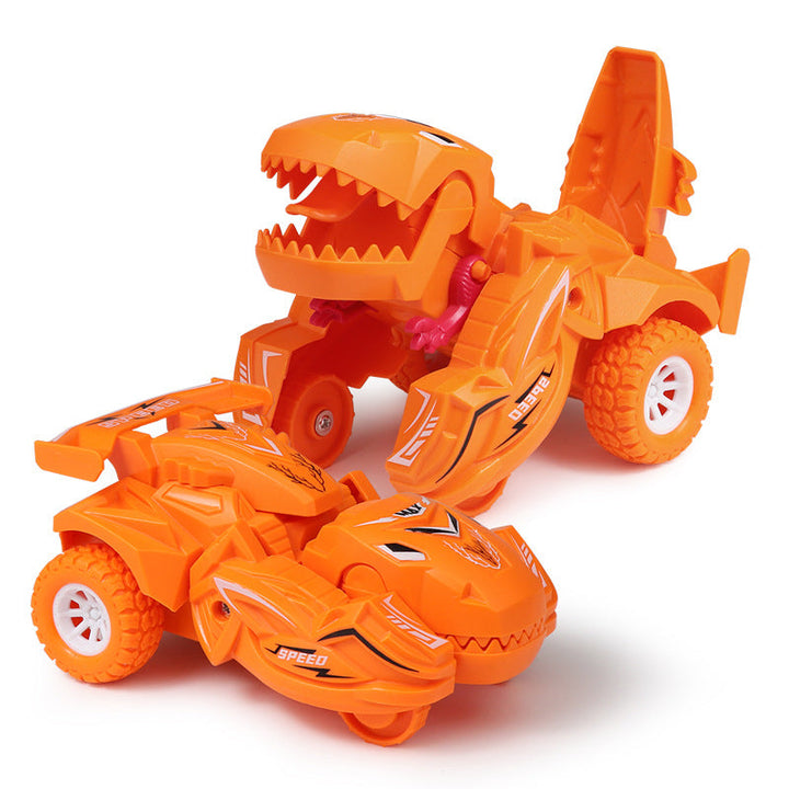 Transformerande dinosaurieleksaksbil i plast, blå och cyan, för barn. Kan automatiskt växla mellan bil och dinosaurie.
