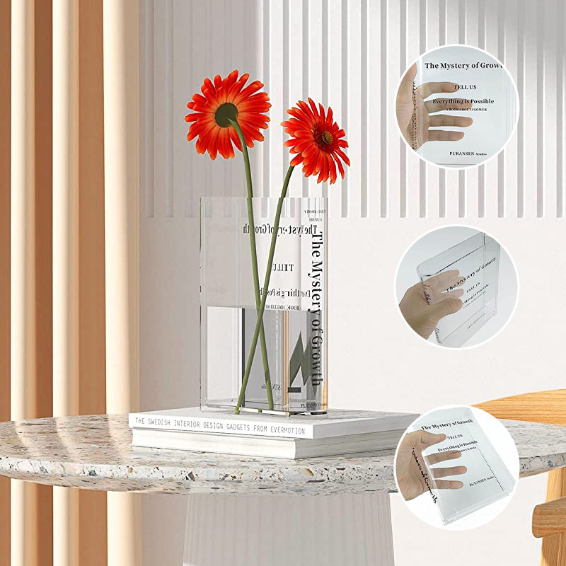 "Transparent bokformad akrylvas, modern inredningsdetalj för hem och kontor, unikt klar design med hållbart material."