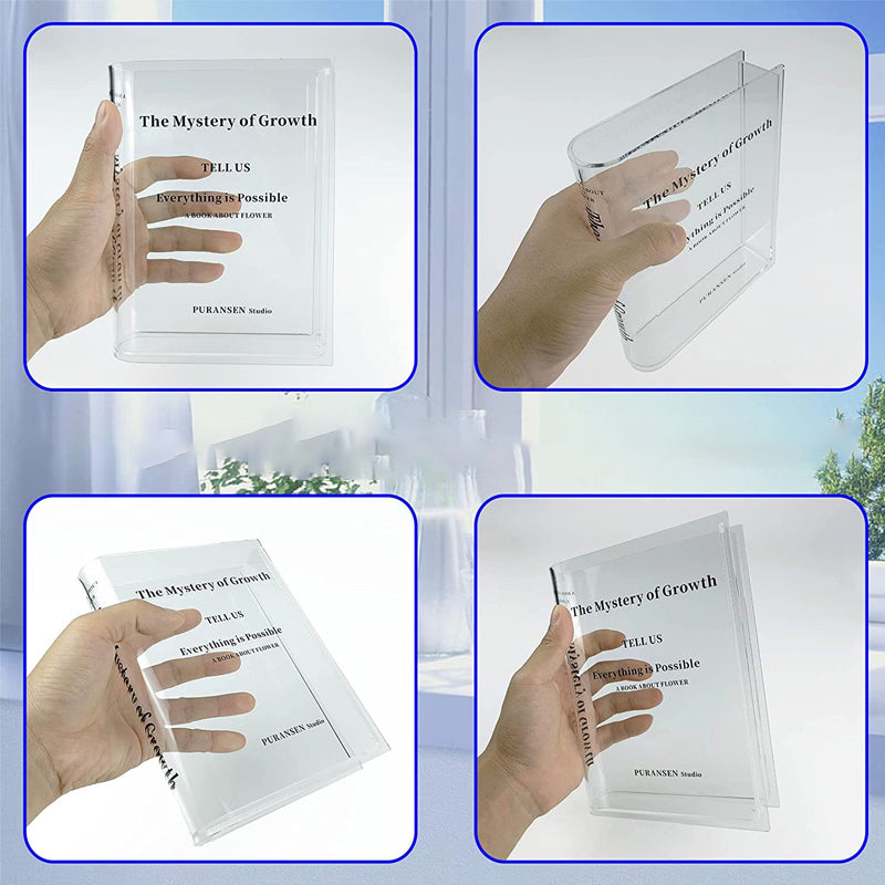 "Transparent bokformad akrylvas, modern inredningsdetalj för hem och kontor, unikt klar design med hållbart material."