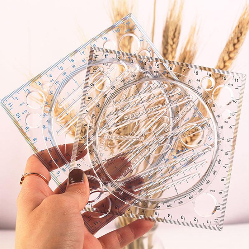 "Transparent cirkelritningslinjal i plast för konstnärer, designers och studenter, med tydlig skala och mångsidig design."