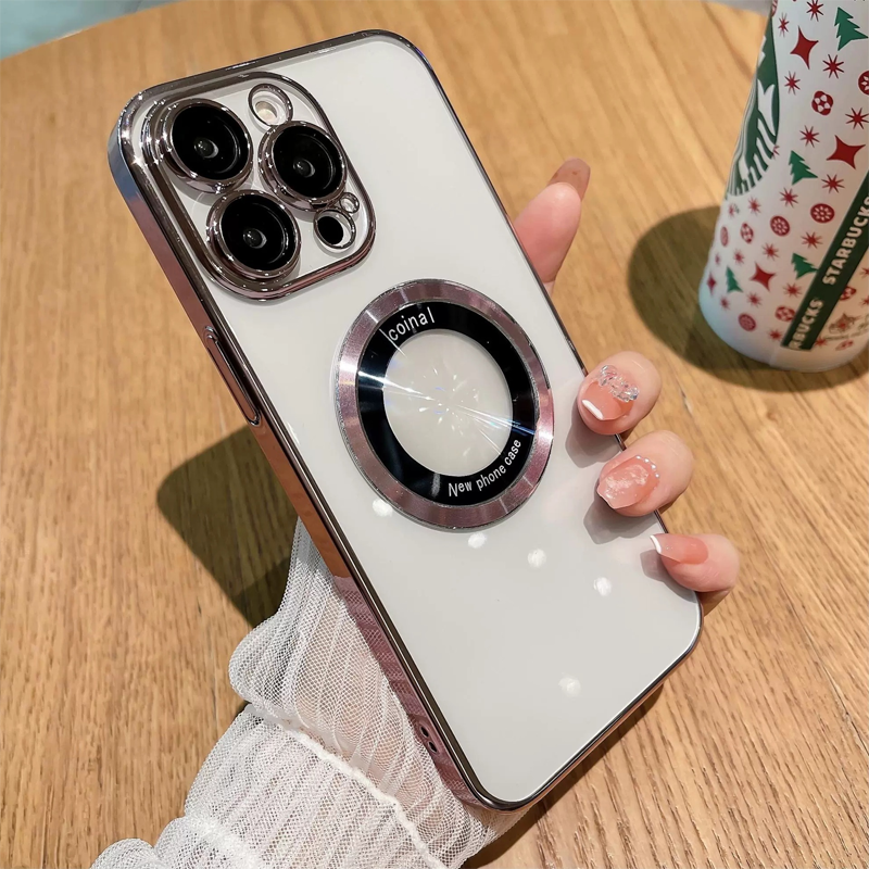 Transparent iPhone-fodral med stark magnet, klart TPU-material, skyddar mot stötar och repor, perfekt för trådlös laddning.
