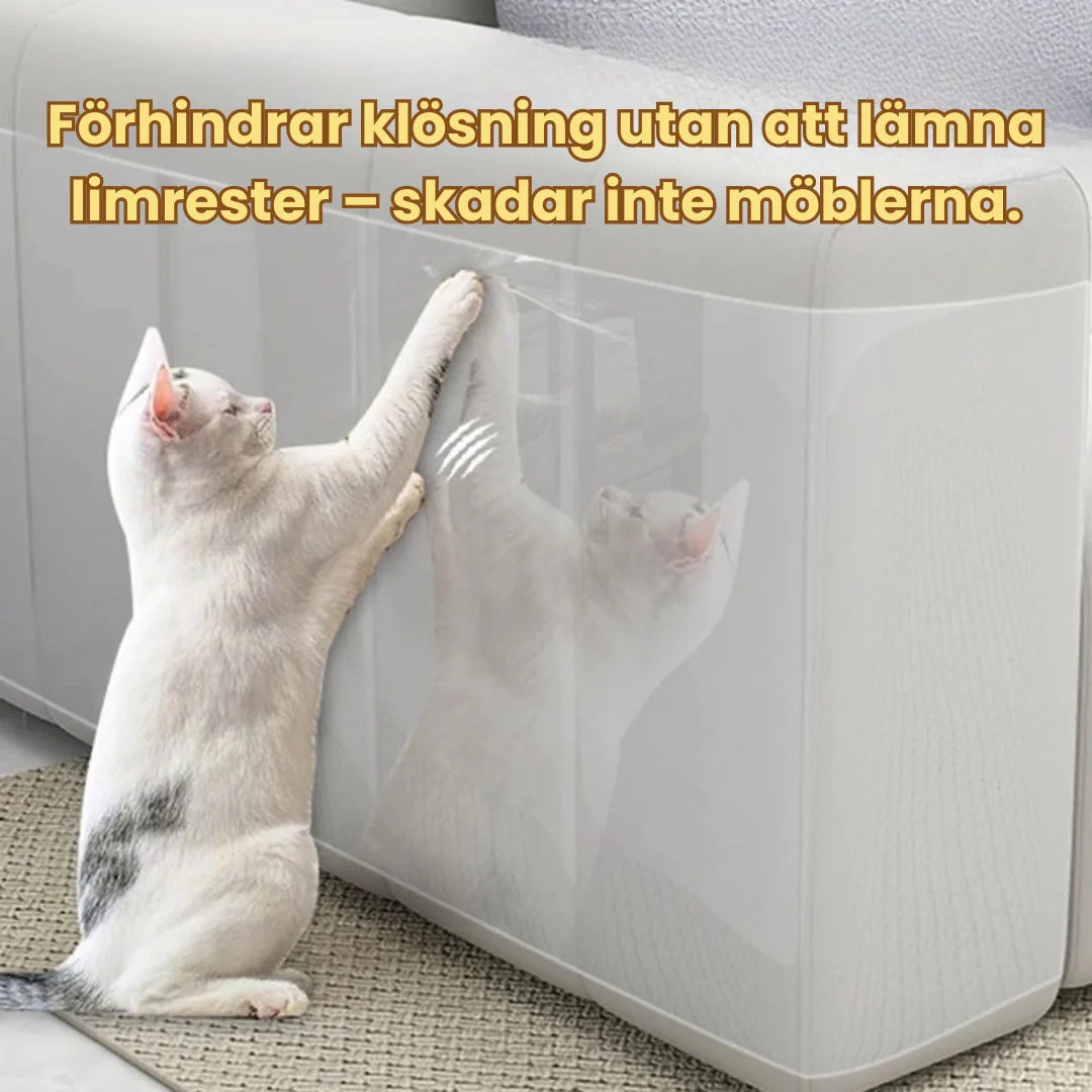 Klösskydd för katt, diskret transparent design som smälter in i inredningen. Skyddar tygmöbler.