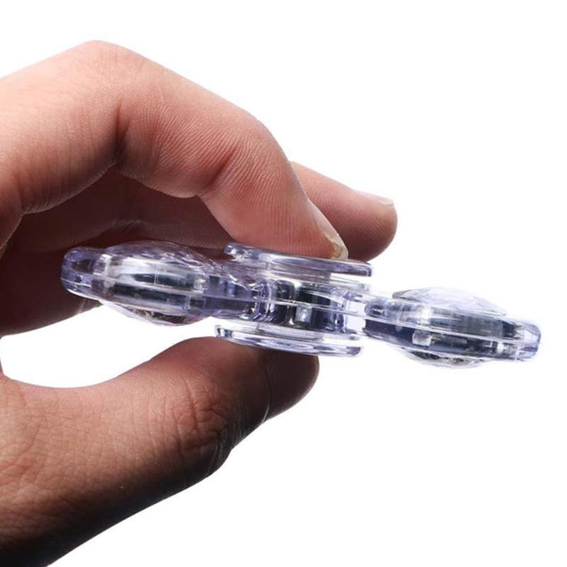 "Transparent LED fidget spinner med kristallklart material, blinkande lampor och snurrfunktion för stressavlastning."