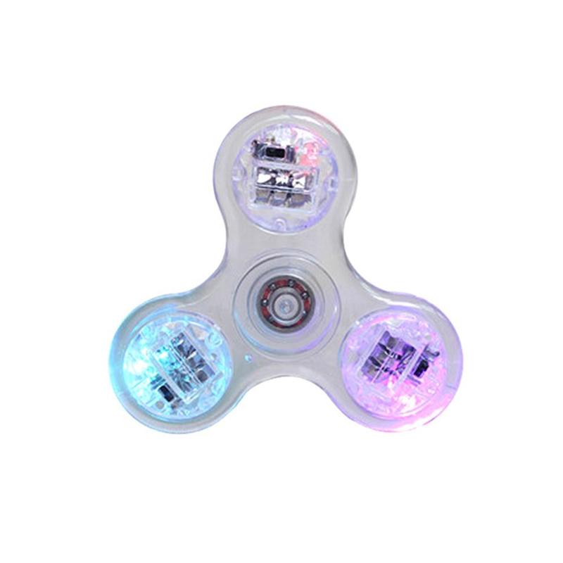 "Transparent LED fidget spinner med kristallklart material, blinkande lampor och snurrfunktion för stressavlastning."