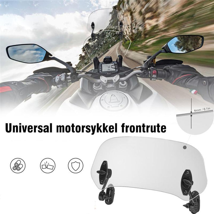 "Transparent motorcykel vindruteförlängning, justerbar och kläms på befintlig vindruta, förbättrar skydd och minskar buller."