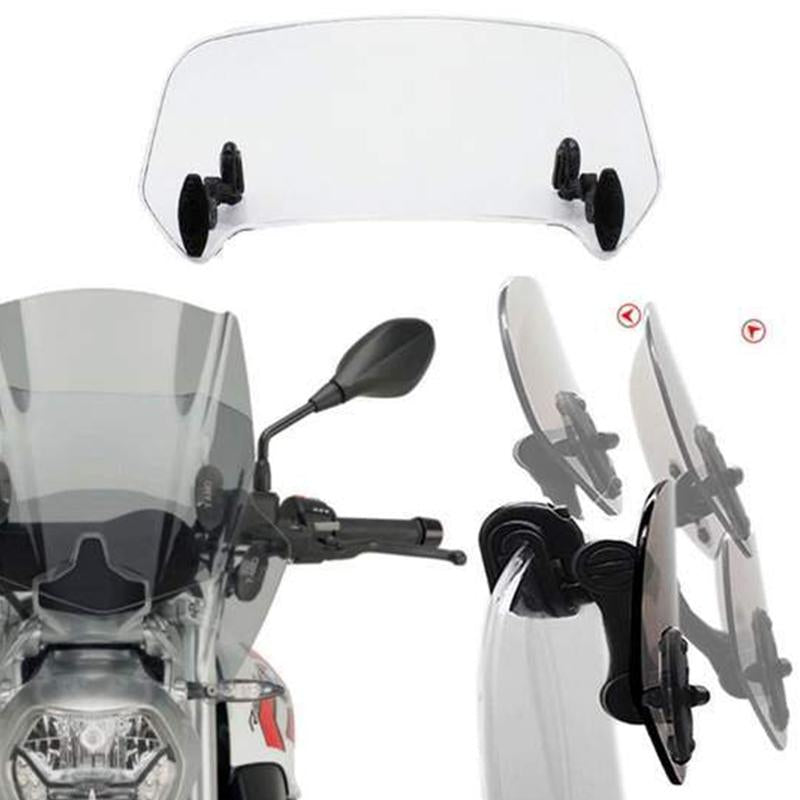 "Transparent motorcykel vindruteförlängning, justerbar och kläms på befintlig vindruta, förbättrar skydd och minskar buller."