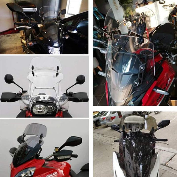 "Transparent motorcykel vindruteförlängning, justerbar och kläms på befintlig vindruta, förbättrar skydd och minskar buller."