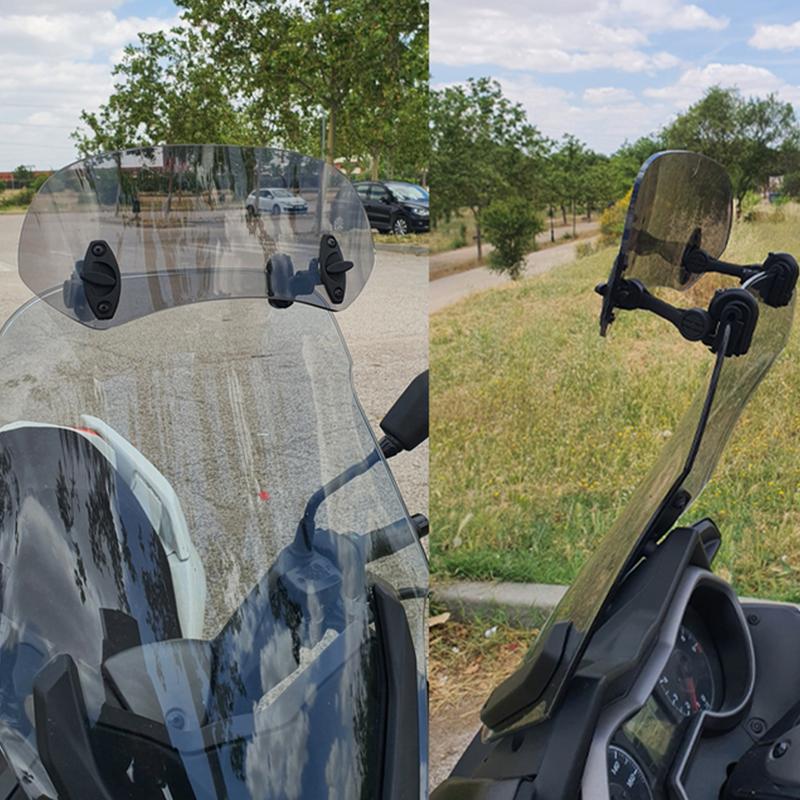 "Transparent motorcykel vindruteförlängning, justerbar och kläms på befintlig vindruta, förbättrar skydd och minskar buller."